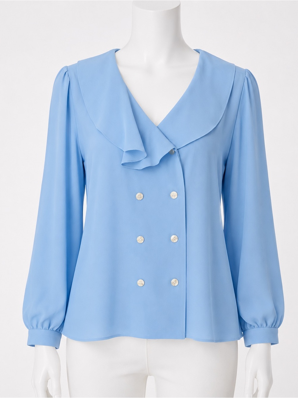 Light Blue Double-Breasted Ruffle Collar Women's Top - Picture 2 of 3